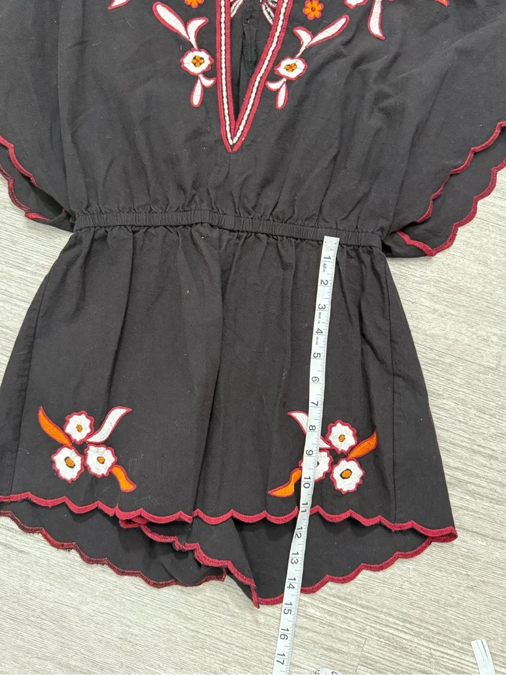 Free People Black Embroidered Romper Boho Festival Flutter Sleeve Floral Cotton‎